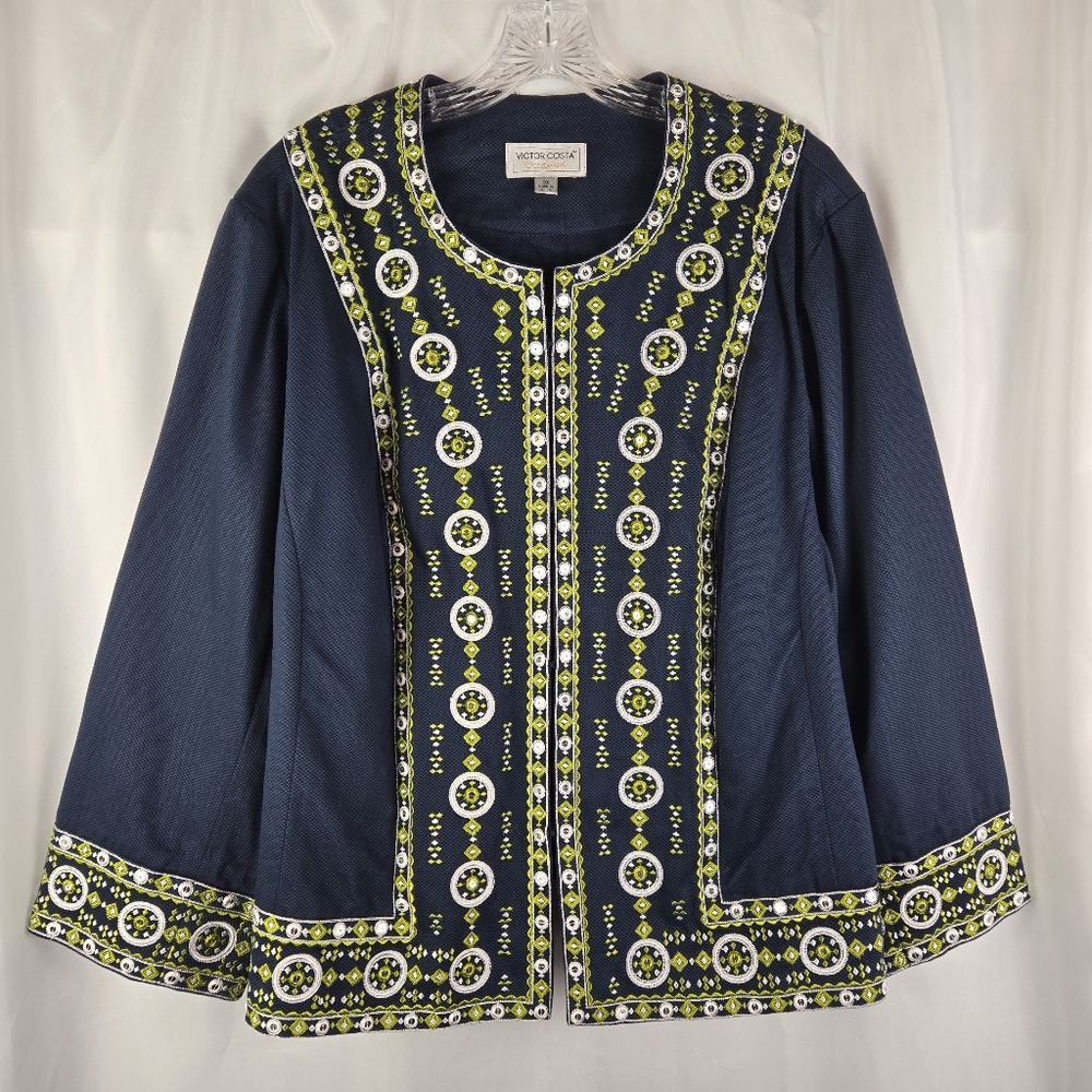 Victor Costa Navy Blue Green Medallion Embroidered Sequin Jacket Plus Size 3X